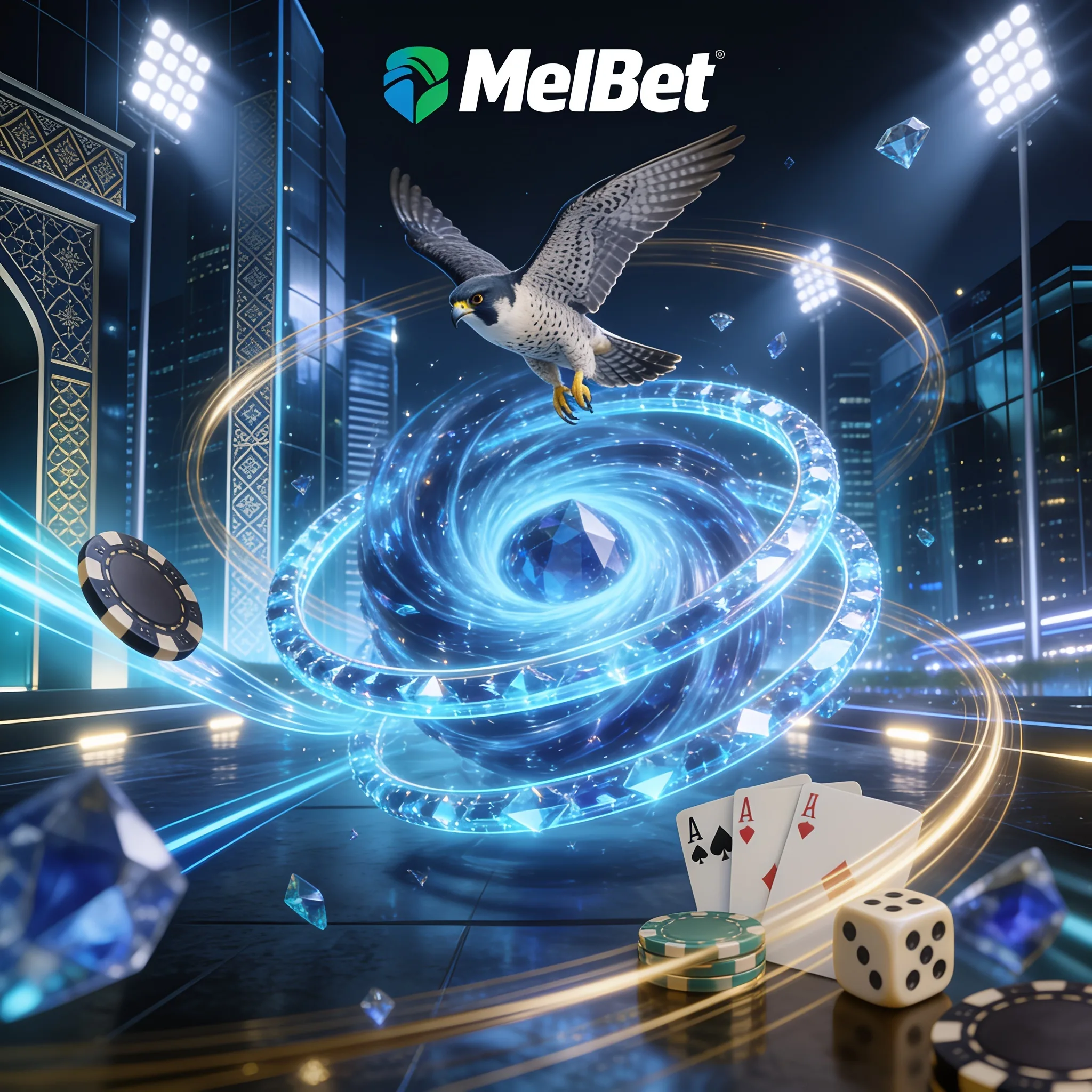 Falcon above a sports and casino scene