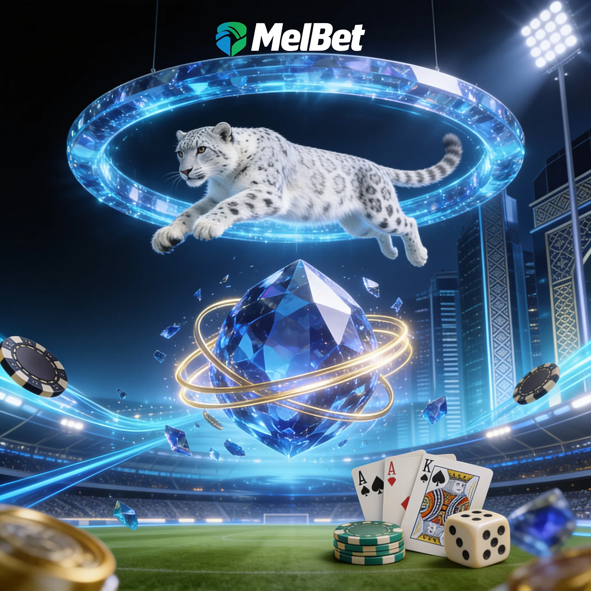 Snow leopard above a stadium and casino scene